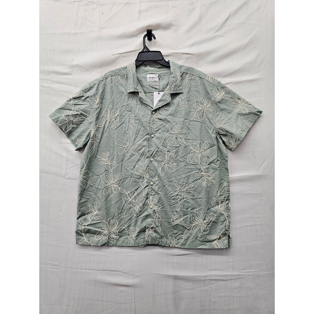 Goodfellow & Co Mens Floral Embroidered Camp Shirt Green Cotton Casual Size XL